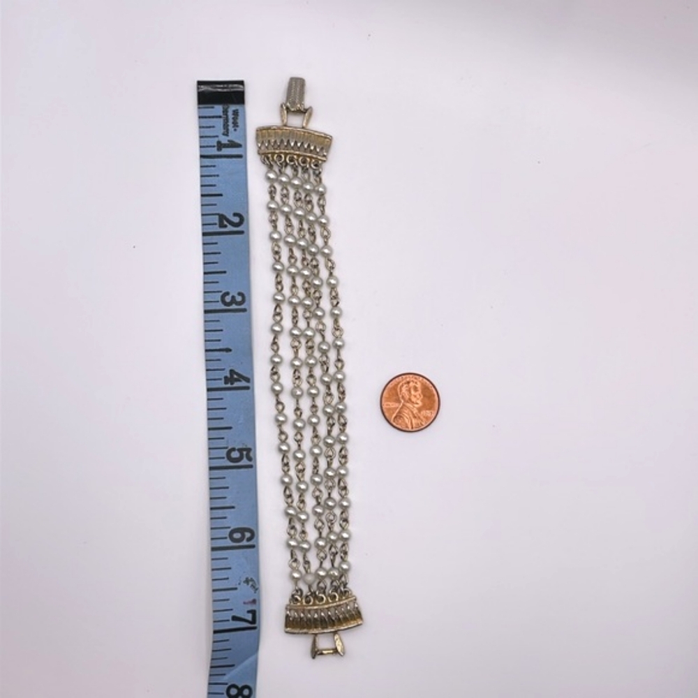Coro Signed Vintage Gold Tone Faux Pearl Multi Strand Bracelet - Picture 5 of 6